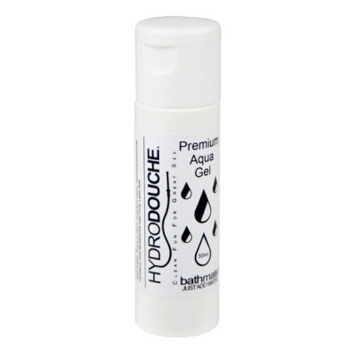 Frasco branco de plástico com tampa de pressão e rótulo com texto HYDRO DOUCHE Premium Aqua Gel