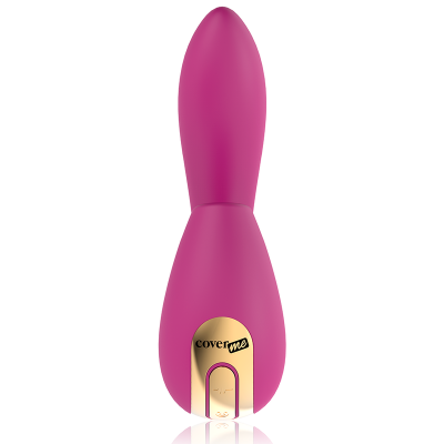 Vibrador rosa choque com base dourada e inscrição 'cover me'