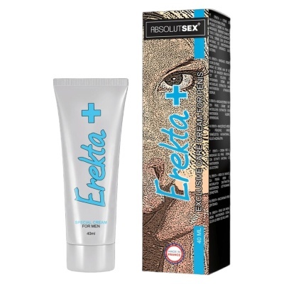 Tubo de creme Ereka+ e caixa com rosto e textos em azul e preto