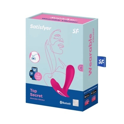 Caixa do vibrador wearable Satisfyer Top Secret rosa com texto e ícones