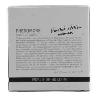 Caixa branca de perfume PHEROMONE limited edition woman com texto multilíngue
