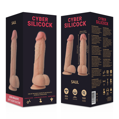 Embalagem preta com dildo de silicone ultra realista cor pele e texto CYBER SILICOCK SAUL.