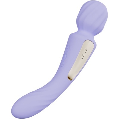 Vibrador lilás com botão prateado em fundo branco