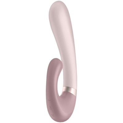 Vibrador de silicone rosa claro com ponta dupla e controlos tácteis.