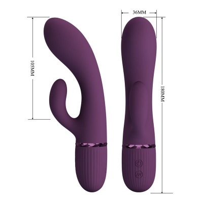 Vibrador roxo com botões e medidas indicadas