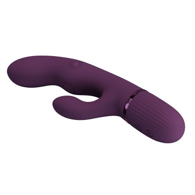 Vibrador duplo roxo em silicone com duas zonas curvas e botão na base