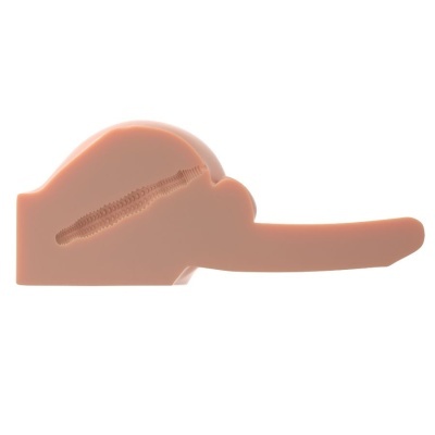Objeto cor de pele em silicone com forma alongada e uma parte arredondada