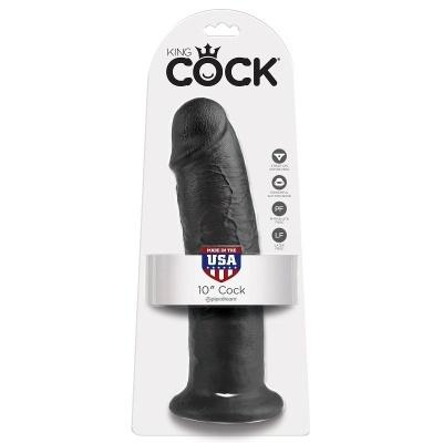 Dildo preto realista em embalagem branca com texto KING COCK e MADE IN THE USA