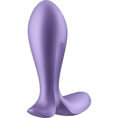 Vibrador roxo em silicone com design curvo e base alargada.