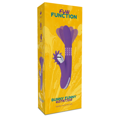 Embalagem amarela de vibrador roxo multifunções com texto FUN FUNCTION e BUNNY FUNNY ROTATION