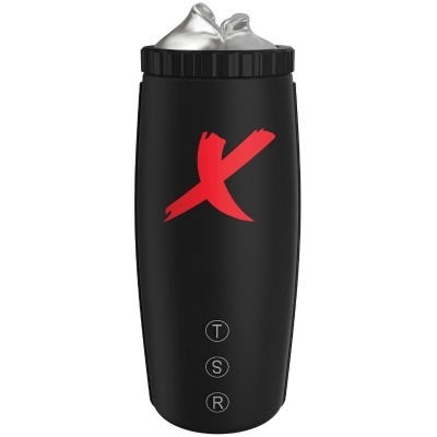 Garrafa preta com tampa de rosca, X vermelho e símbolos T, S, R