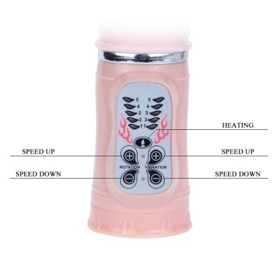 Produto electrónico cor de rosa com painel de controlo cinzento e botões pretos com texto e símbolos