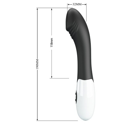 Vibrador preto com base branca e medidas