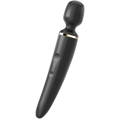 Vibrador de massagem preto com botão de controlo e detalhe dourado.