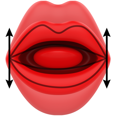Lábios vermelhos com linhas pretas e setas indicando medidas