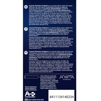 Embalagem azul escura de preservativos Control Finissimo Original com texto informativo trilingue