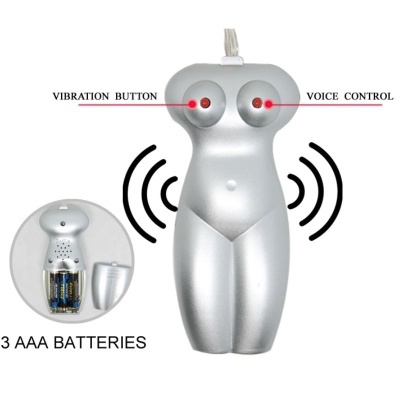 Dispositivo prateado com forma de corpo humano e botões, texto 3 AAA BATTERIES