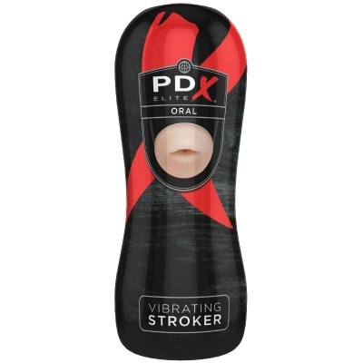 Dispositivo preto e vermelho com janela central e texto PDX ELITE ORAL e VIBRATING STROKER