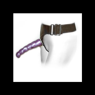 Arnês castanho com dildo roxo metalizado