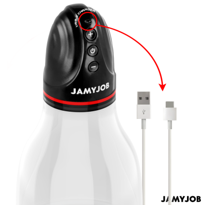 Dispositivo transparente com tampa preta e botões, cabo USB branco ao lado.