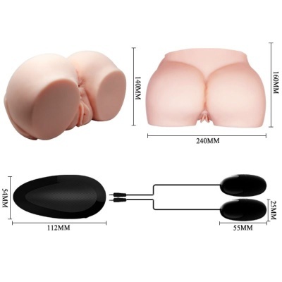 Modelo de parte inferior do corpo humano em silicone com controladores pretos e medidas visíveis.