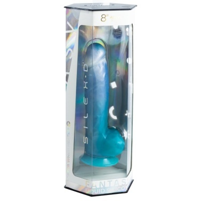 Dildo azul de silicone líquido em embalagem transparente holográfica