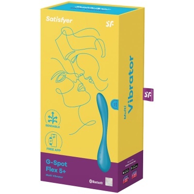 Embalagem de vibrador azul Satisfyer G-Spot Flex 5+ com fundo amarelo e roxo