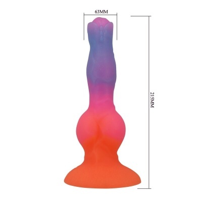Objeto colorido em silicone, roxo a laranja, com forma e textura distintas