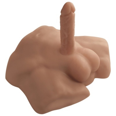 Brinquedo sexual realista em cor bege com pénis ereto sobre fundo branco