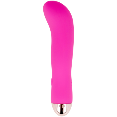 Vibrador cor-de-rosa com base metálica prateada em fundo branco