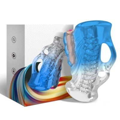 Acessório anatómico em gel azul e branco com textura interna e caixa colorida