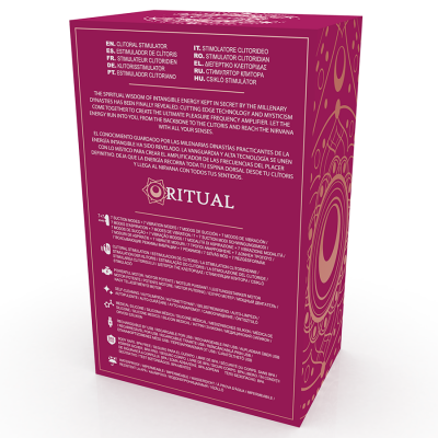 Embalagem roxa com texto multilingue e detalhes dourados do produto Ritual