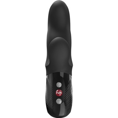 Vibrador preto com botões frontais e texto FUN