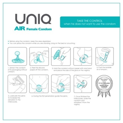 Instruções de uso e descrição do preservativo feminino uniq AIR sobre fundo branco