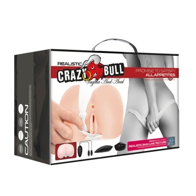 Embalaem de produto adulto Crazy Bull com réplica realista de vagina e ânus e texto promocional.