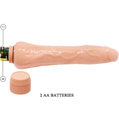 Vibrador cor pele com ranhuras, tampa aberta e pilhas AA visíveis