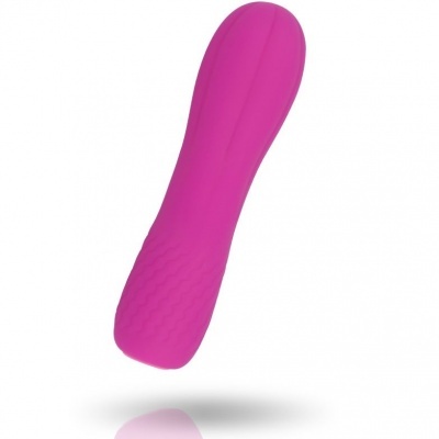 Vibrador rosa em silicone com textura ondulada e superfície lisa