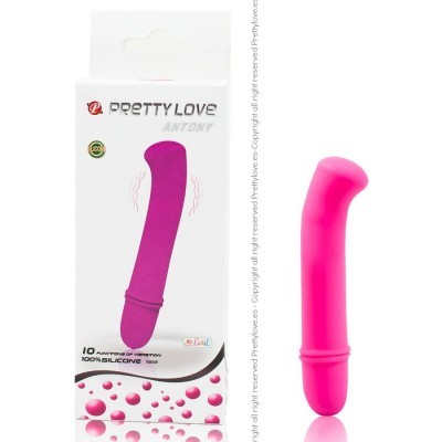 Vibrador rosa em silicone ao lado de embalagem branca com texto PRETTY LOVE ANTHONY
