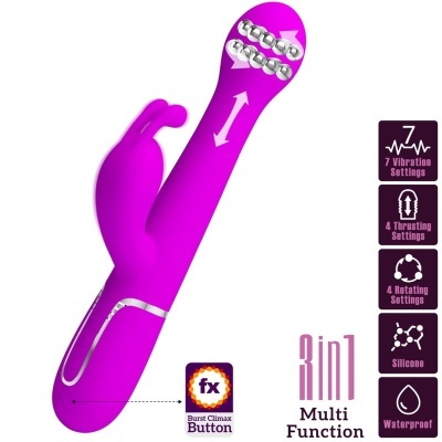 Vibrador roxo em silicone com texturas e bolas metálicas, múltiplas funções indicadas por texto e ícones
