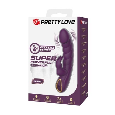Embalagem de vibrador roxo Pretty Love Harper com texto e ícones informativos