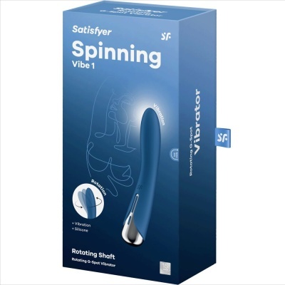 Caixa azul escura de vibrador Satisfyer Spinning Vibe 1 com imagem e texto do produto