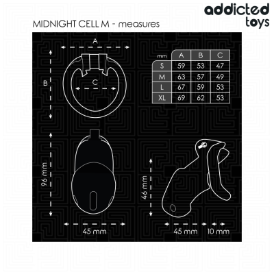Desenho técnico do produto MIDNIGHT CELL M com medidas em milímetros sobre fundo preto