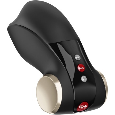 Produto preto com botões vermelhos e dourados com textos FUN e FUN FACTORY