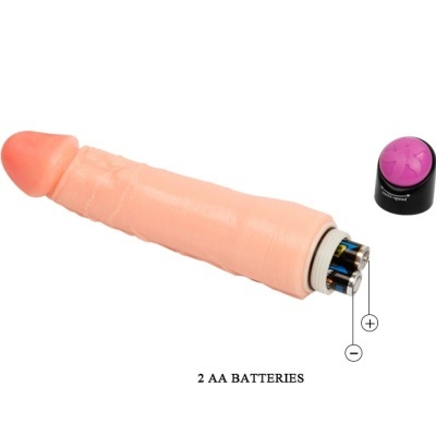 Vibrador em formato de pénis com pilhas AA e tampa preta com botão rosa.
