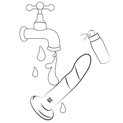 Desenho de torneira, gotas de água, vibrador e spray.
