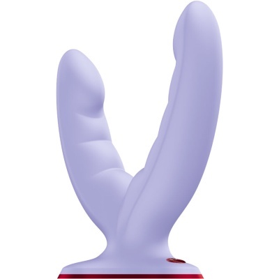 Vibrador em silicone lilás com base vermelha e duas extremidades curvas