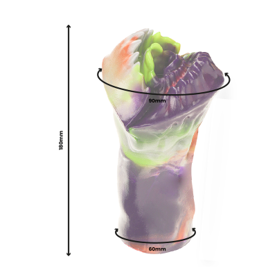 Objeto em forma de punho colorido com dimensões indicadas