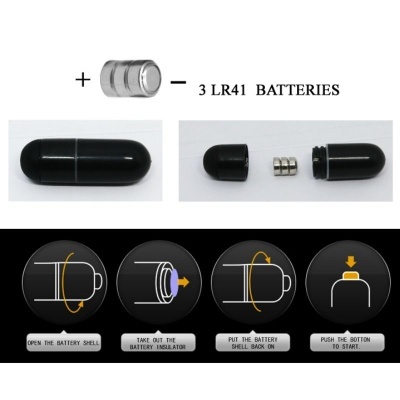 Dispositivo cápsula preto com pilhas LR41 e instruções de uso em inglês