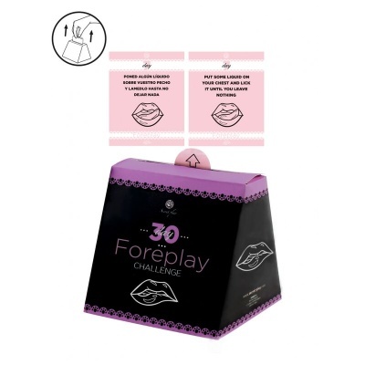 Caixa de jogo Foreplay Challenge preta e roxa com instruções em etiquetas rosas