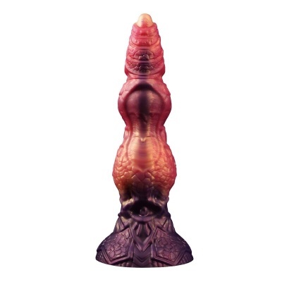 Objeto texturizado vermelho a roxo com padrões de escamas